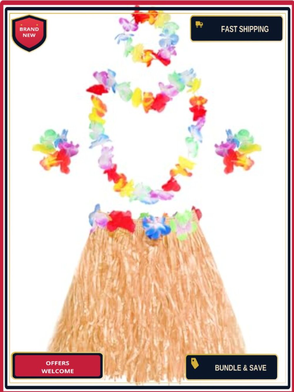5Pc Hawaiian Grass Skirt Set with Floral Headband Necklace Bracelets for Women